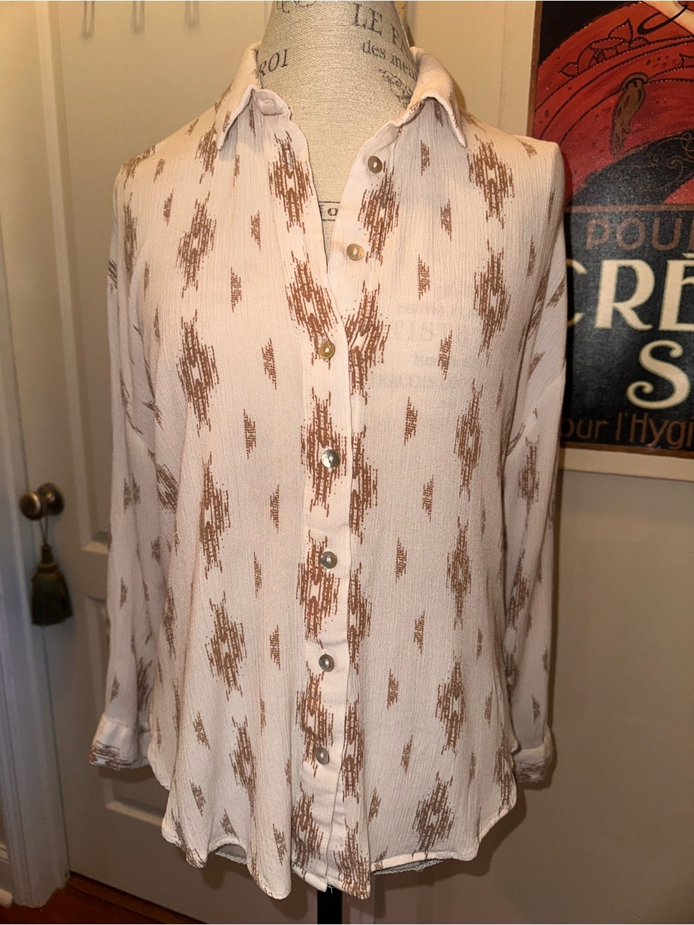 Promesa Cream Button-Down Shirt with Brown Ikat Print